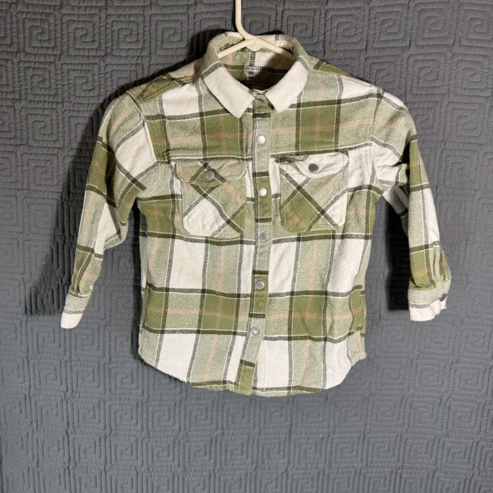 Wonder Nation Flannel Jacket Girls Size 6-6x Plaid Green 100% Cotton